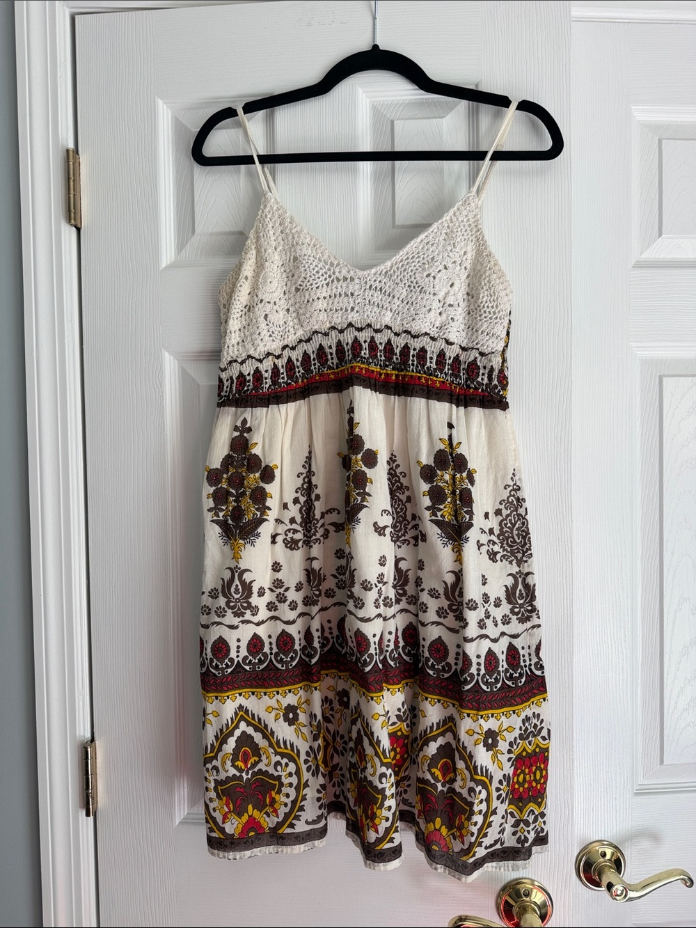 Raviya Cream Crochet Bodice Midi Dress with Brown and Mustard Floral Print